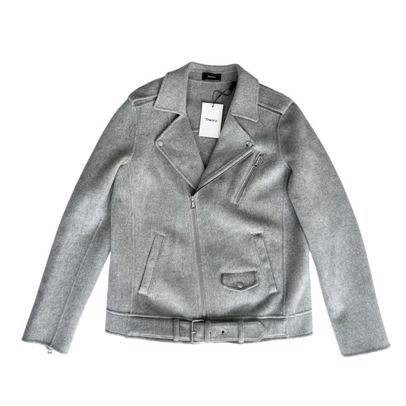 NWT Theory wool cashmere moto jacket zip snap buckle belt gray Tralsman DF large - Picture 14 of 16
